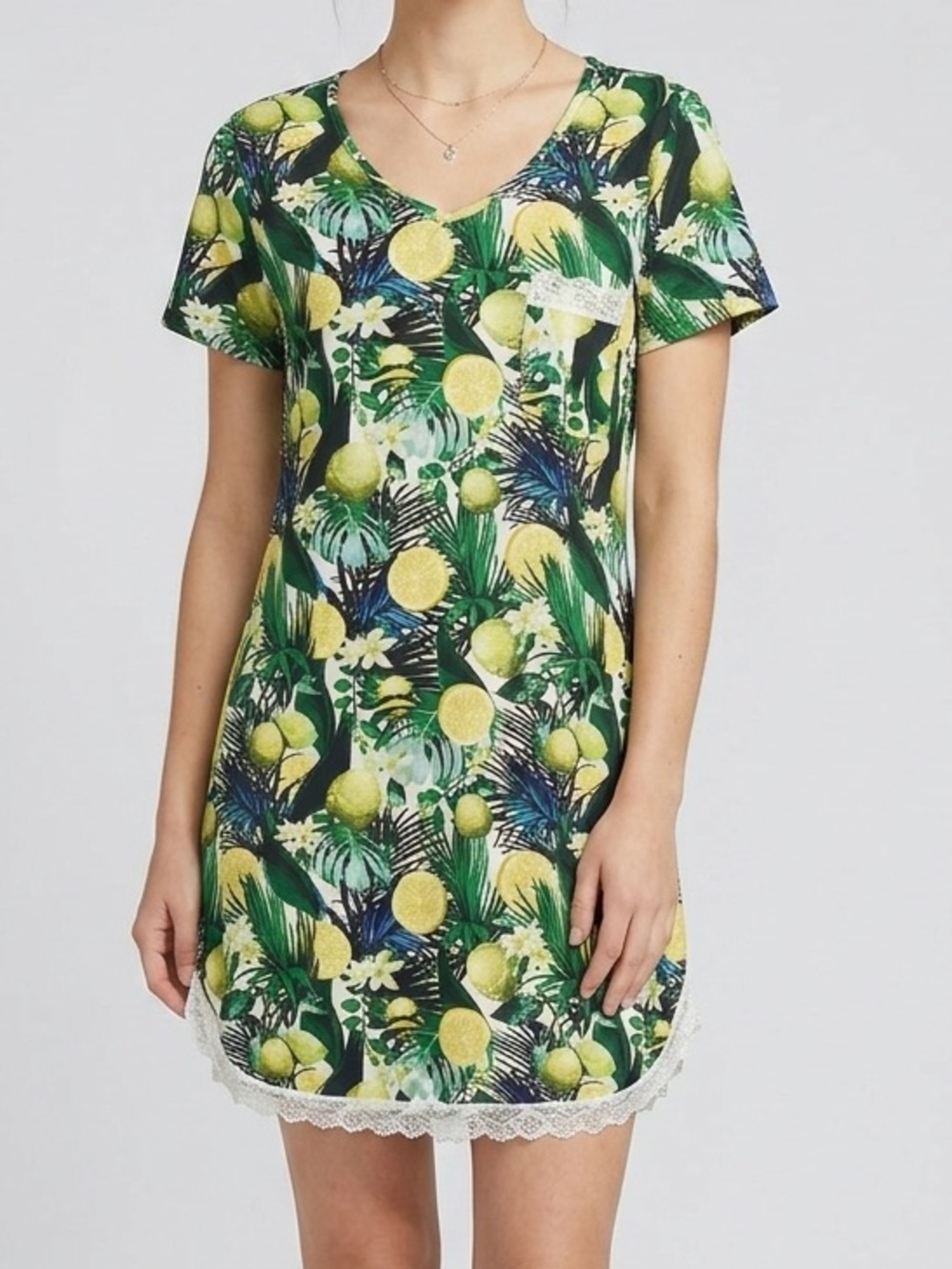 Sz XS Ekouaer Tropical Lemon Print V-Neck Loungewear